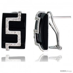 14k White Gold Rectangular Onyx French Clip Earrings, w/ 0.28 Carat Brilliant Cut Diamonds, 11/16" (17mm) tall