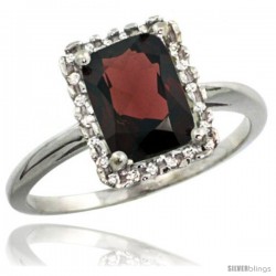 Sterling Silver Diamond Natural Garnet Ring 1.6 ct Emerald Shape 8x6 mm, 1/2 in wide