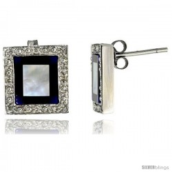 14k White Gold Square Stud Diamond Earrings, w/ 0.10 Carat Brilliant Cut Diamonds, Mother of Pearl, Lapis Lazuli & Black Onyx