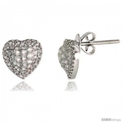 14k White Gold Hammered Finish Heart Diamond Earrings, w/ 0.16 Carat Brilliant Cut Diamonds, 3/8" (9mm) tall