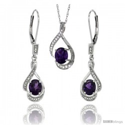 14K White Gold Natural Amethyst Lever Back Earrings & Pendant Set Diamond Accent