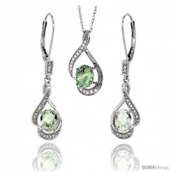 14K White Gold Natural Green Amethyst Lever Back Earrings & Pendant Set Diamond Accent