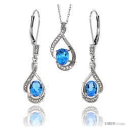 14K White Gold Natural Swiss Blue Topaz Lever Back Earrings & Pendant Set Diamond Accent