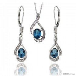 14K White Gold Natural London Blue Topaz Lever Back Earrings & Pendant Set Diamond Accent