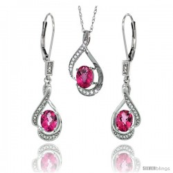 14K White Gold Natural Pink Topaz Lever Back Earrings & Pendant Set Diamond Accent