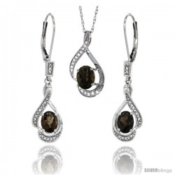 14K White Gold Natural Smoky Topaz Lever Back Earrings & Pendant Set Diamond Accent