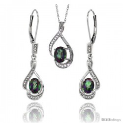 14K White Gold Natural Mystic Topaz Lever Back Earrings & Pendant Set Diamond Accent