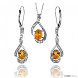 14K White Gold Natural Citrine Lever Back Earrings & Pendant Set Diamond Accent