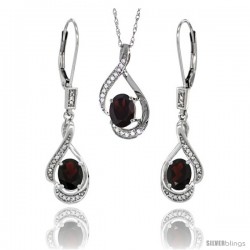 14K White Gold Natural Garnet Lever Back Earrings & Pendant Set Diamond Accent