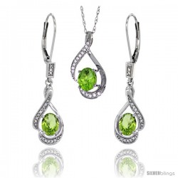 14K White Gold Natural Peridot Lever Back Earrings & Pendant Set Diamond Accent