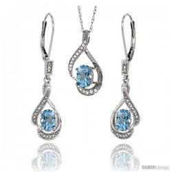 14K White Gold Natural Aquamarine Lever Back Earrings & Pendant Set Diamond Accent