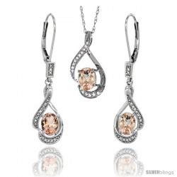 14K White Gold Natural Morganite Lever Back Earrings & Pendant Set Diamond Accent