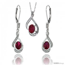 14K White Gold Natural Ruby Lever Back Earrings & Pendant Set Diamond Accent