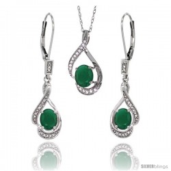 14K White Gold Natural Emerald Lever Back Earrings & Pendant Set Diamond Accent