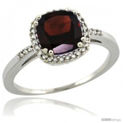 Sterling Silver Diamond Natural Garnet Ring 1.5 ct Checkerboard Cut Cushion Shape 7 mm, 3/8 in wide