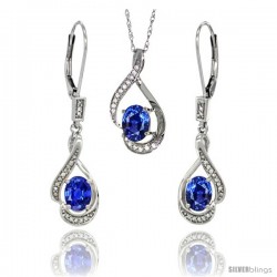 14K White Gold Natural Blue Sapphire Lever Back Earrings & Pendant Set Diamond Accent