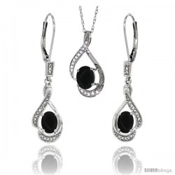 14K White Gold Natural Black Onyx Lever Back Earrings & Pendant Set Diamond Accent