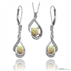 14K White Gold Natural Opal Lever Back Earrings & Pendant Set Diamond Accent