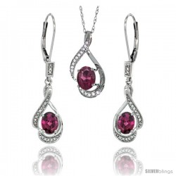 14K White Gold Natural Rhodolite Lever Back Earrings & Pendant Set Diamond Accent