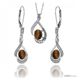 14K White Gold Natural Tiger Eye Lever Back Earrings & Pendant Set Diamond Accent