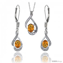 14K White Gold Natural Whisky Quartz Lever Back Earrings & Pendant Set Diamond Accent