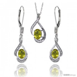 14K White Gold Natural Lemon Quartz Lever Back Earrings & Pendant Set Diamond Accent