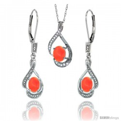 14K White Gold Natural Coral Lever Back Earrings & Pendant Set Diamond Accent