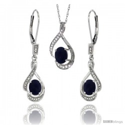 14K White Gold Natural Lapis Lever Back Earrings & Pendant Set Diamond Accent