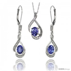 14K White Gold Natural Tanzanite Lever Back Earrings & Pendant Set Diamond Accent