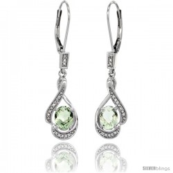 14K White Gold Natural Green Amethyst Lever Back Earrings, 1 7/16 in long