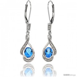 14K White Gold Natural Swiss Blue Topaz Lever Back Earrings, 1 7/16 in long