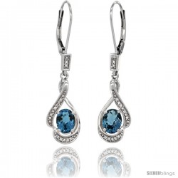 14K White Gold Natural London Blue Topaz Lever Back Earrings, 1 7/16 in long