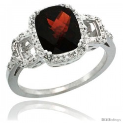 Sterling Silver Diamond Natural Garnet Ring 2 ct Checkerboard Cut Cushion Shape 9x7 mm, 1/2 in wide