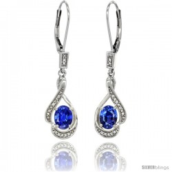 14K White Gold Natural Blue Sapphire Lever Back Earrings, 1 7/16 in long