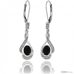 14K White Gold Natural Black Onyx Lever Back Earrings, 1 7/16 in long