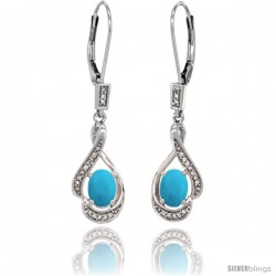 14K White Gold Natural Turquoise Lever Back Earrings, 1 7/16 in long