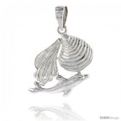 Sterling Silver Seashells & Dolphin Pendant Flawless Quality, 7/8 in (22 mm) tall