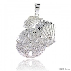 Sterling Silver Sand Dollar & Snail Seashells Pendant Flawless Quality, 1 1/2 in (37 mm) tall