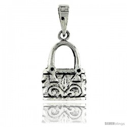 Sterling Silver Purse Pendant, w/ Floral Design, 3/4 in (18 mm) tall