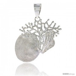 Sterling Silver Coral & Clam Shell Pendant Flawless Quality, 1 3/16 in (29 mm) tall