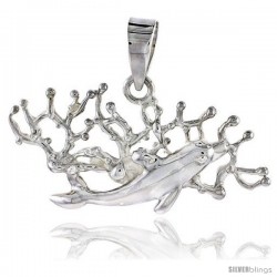 Sterling Silver Dolphin & Coral Reef Pendant Flawless Quality, 5/8 in (15 mm) tall