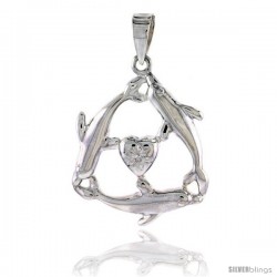 Sterling Silver Triple Dolphin w/ Heart Pendant Flawless Quality, 1 1/8 in (26 mm) tall