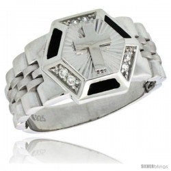 Sterling Silver Men's Style Hexagon Ring CZ Stones, 17/32 in (14 mm) wide