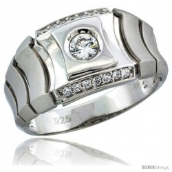 Sterling Silver Men's Style Ring CZ Stones, 1/2 in (12 mm) wide