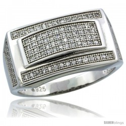 Sterling Silver Men's Rectangular Ring 120 Micro Pave CZ Stones, 1/2 in (12 mm) wide