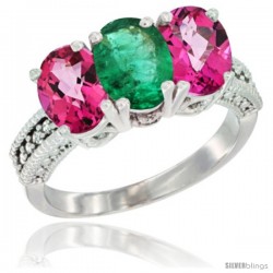 10K White Gold Natural Emerald & Pink Topaz Sides Ring 3-Stone Oval 7x5 mm Diamond Accent