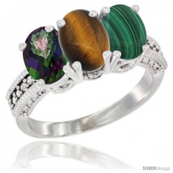 14K White Gold Natural Mystic Topaz, Tiger Eye & Malachite Ring 3-Stone 7x5 mm Oval Diamond Accent