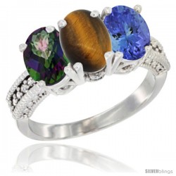 14K White Gold Natural Mystic Topaz, Tiger Eye & Tanzanite Ring 3-Stone 7x5 mm Oval Diamond Accent