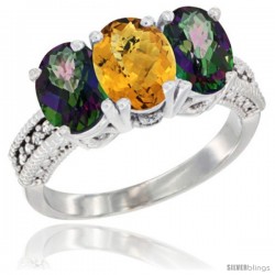 14K White Gold Natural Whisky Quartz & Mystic Topaz Sides Ring 3-Stone 7x5 mm Oval Diamond Accent