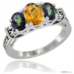 14K White Gold Natural Whisky Quartz & Mystic Topaz Ring 3-Stone Oval with Diamond Accent